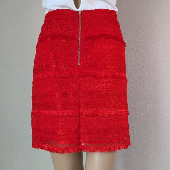 J. Crew Mini Skirt Size 6 Red Fringe Tiered Lace Exposed Zip Crochet Overlay NWT - Picture 3 of 15